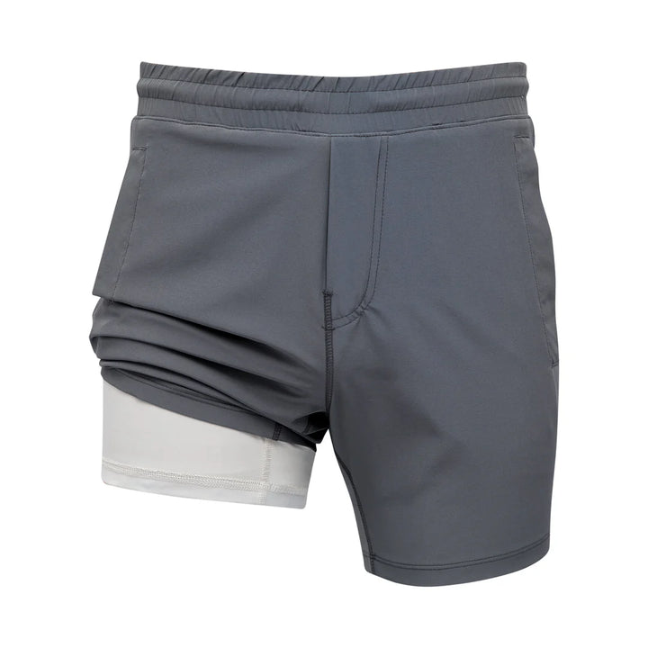 Gray athletic shorts with a white inner lining on a white background