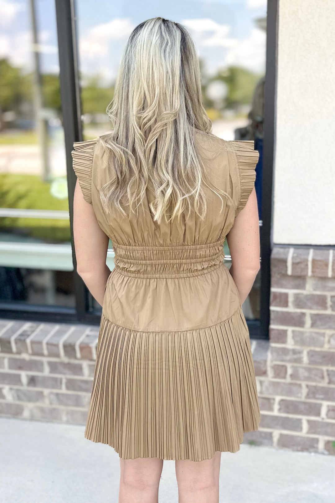 TAUPE PLEATED DETAIL MINI DRESS