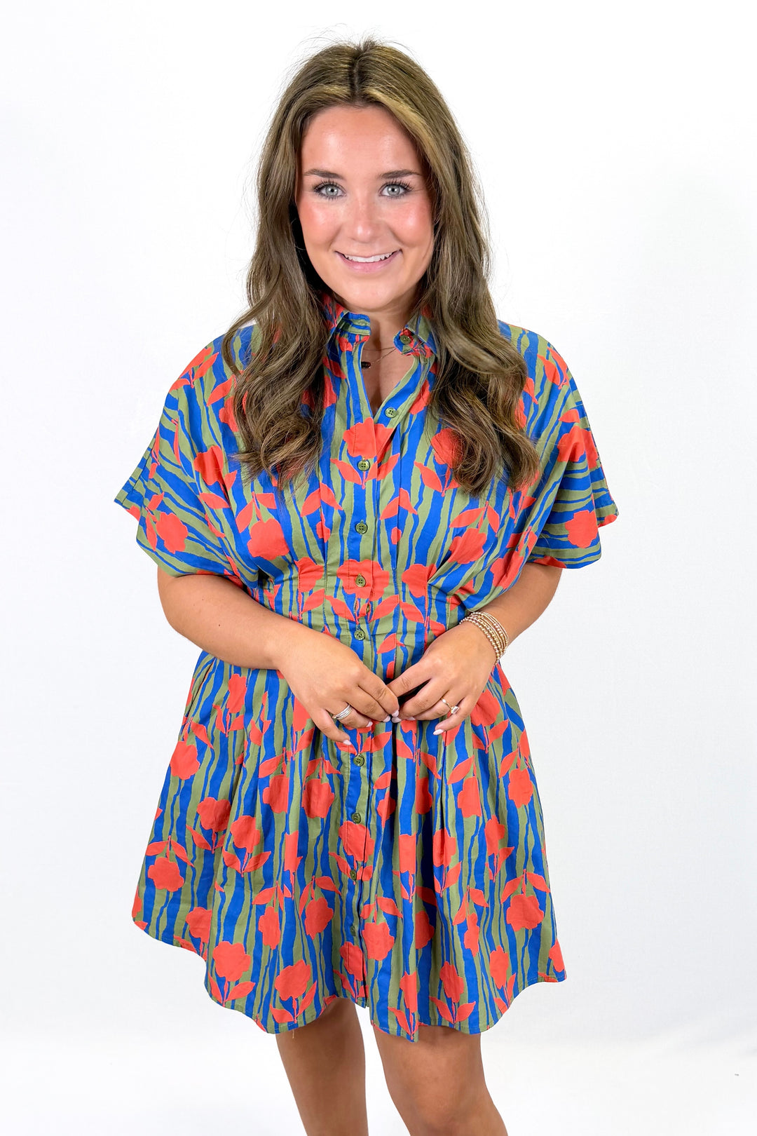 KARLIE: ROYAL STRIPE MOD FLORAL SHIRT DRESS