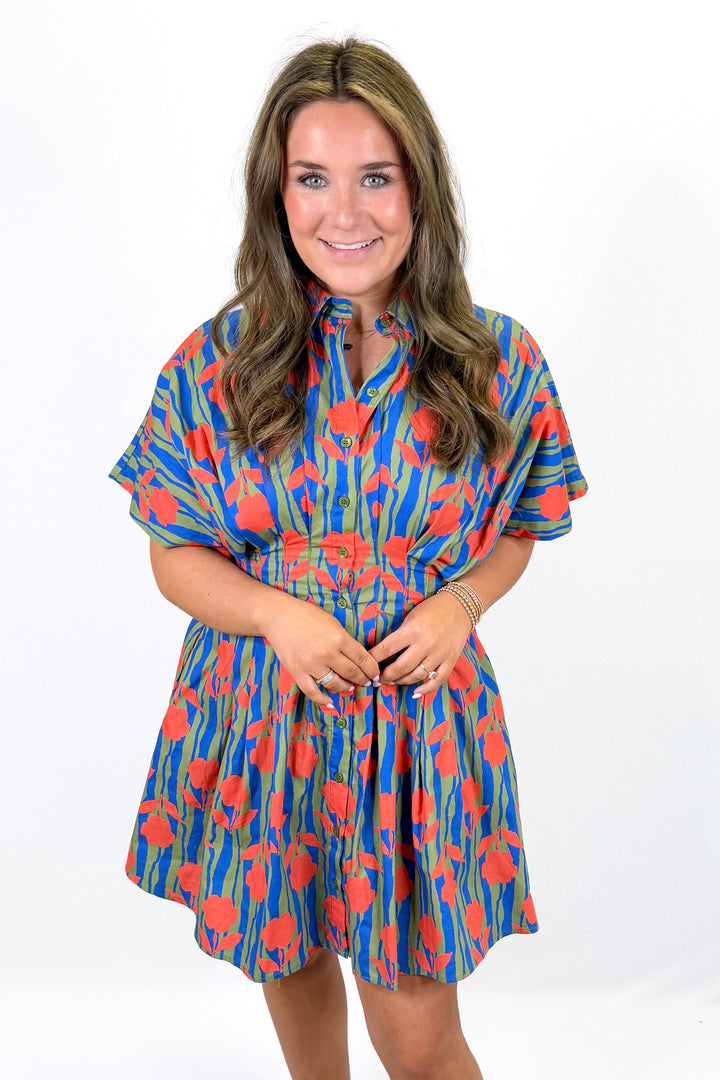 KARLIE: ROYAL STRIPE MOD FLORAL SHIRT DRESS