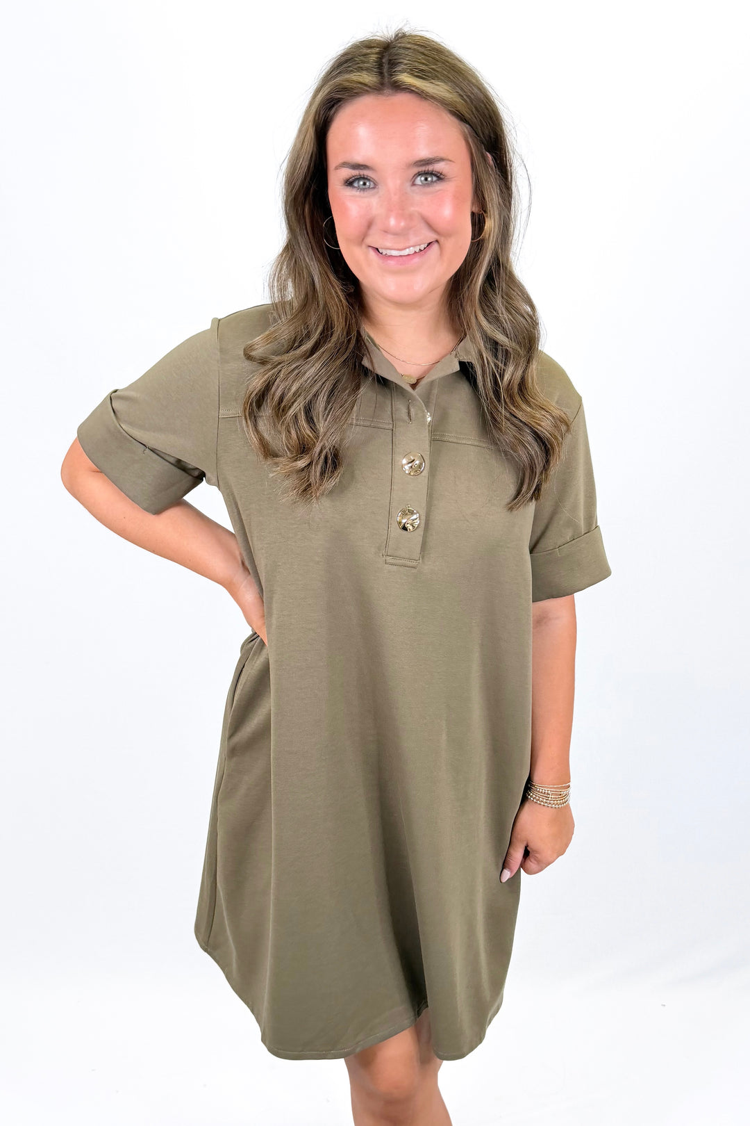 OLIVE GOLD BUTTON COLLAR DRESS