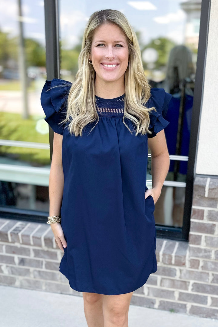 NAVY RUFFLE SLEEVE LACE TRIM DRESS