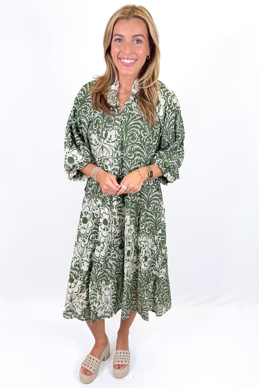 GREEN FLORAL BALLOON SLEEVE MIDI DRESS