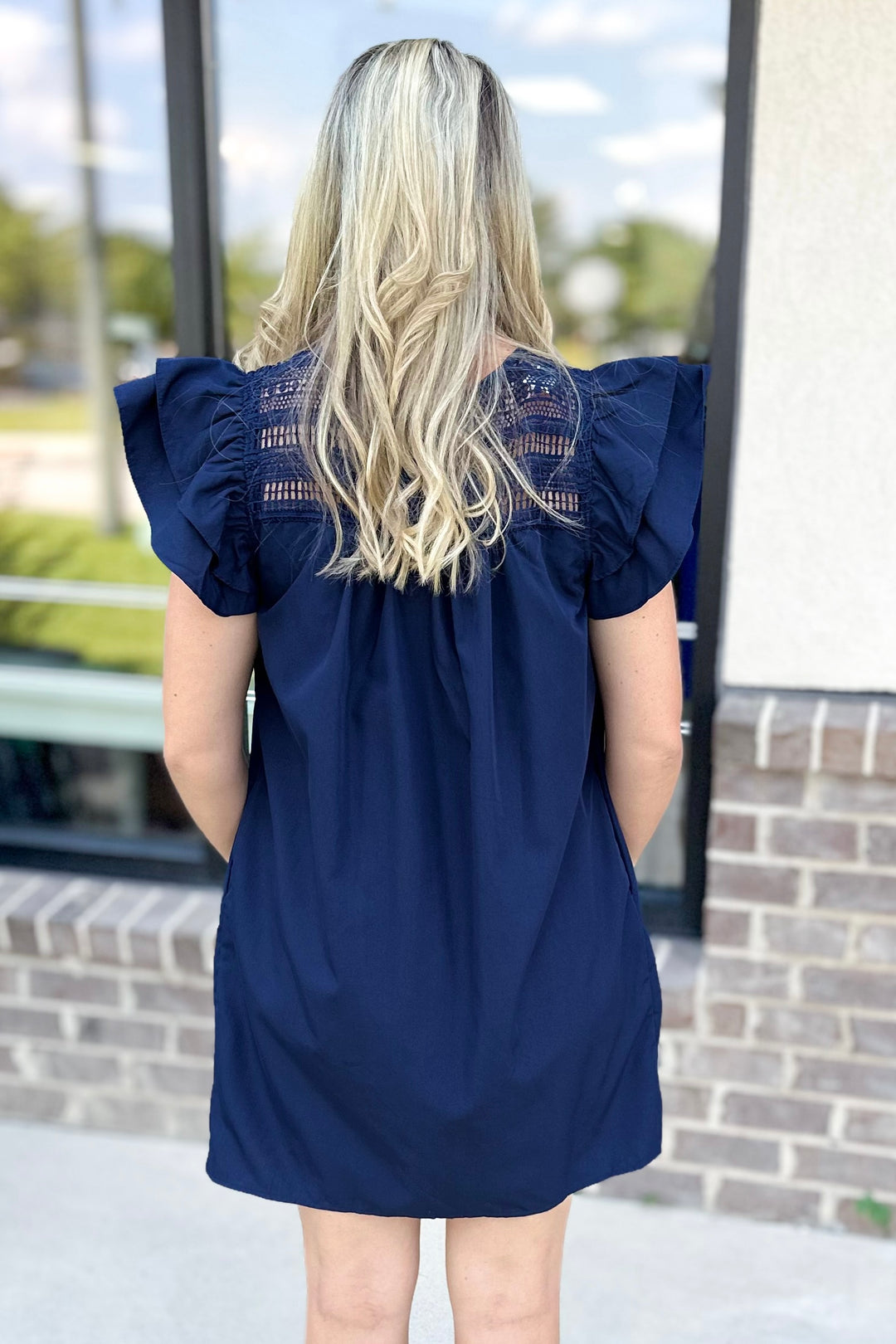 NAVY RUFFLE SLEEVE LACE TRIM DRESS