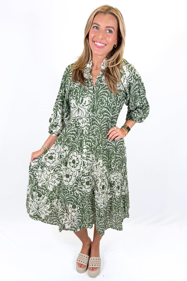 GREEN FLORAL BALLOON SLEEVE MIDI DRESS