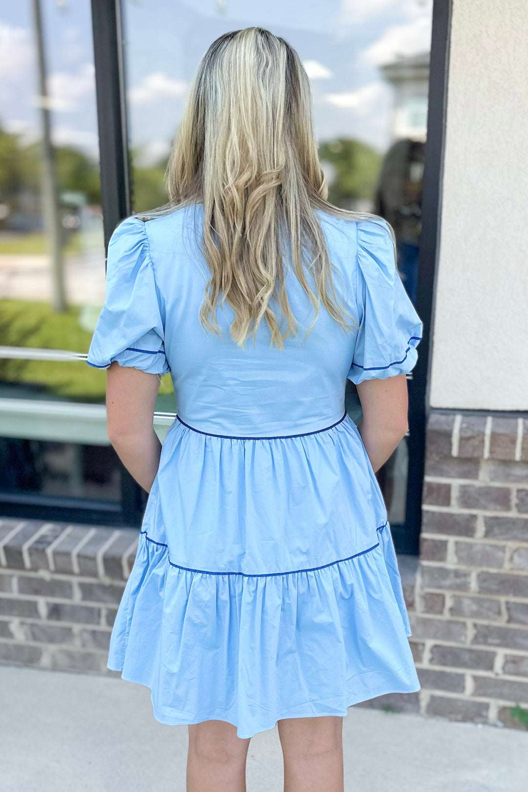 BLUE PIPING DETAIL BABYDOLL DRESS