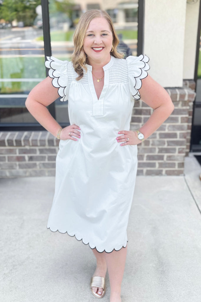 WHITE & BLACK SCALLOP TRIM MIDI DRESS – Walker Boutique