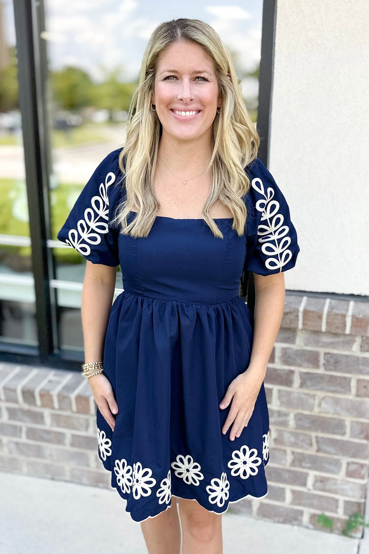 NAVY EMBROIDERED PUFF SLEEVE SQUARE NECK DRESS