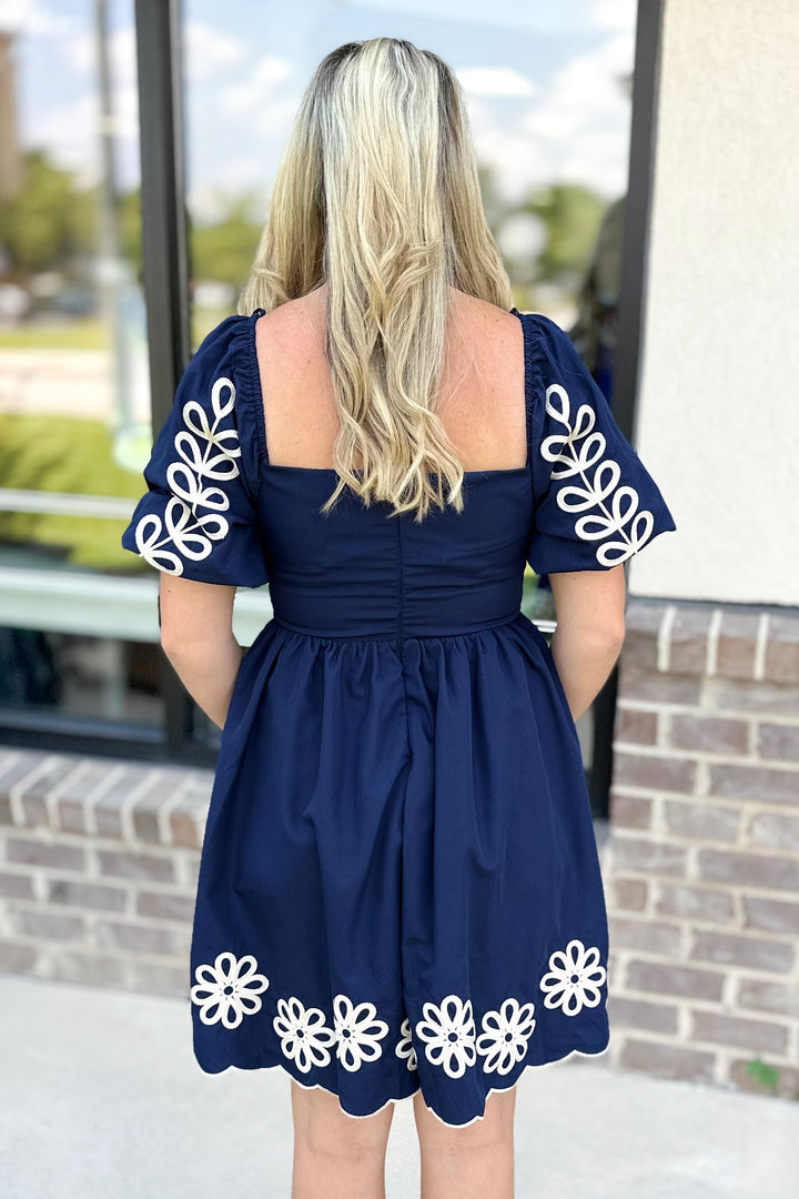 NAVY EMBROIDERED PUFF SLEEVE SQUARE NECK DRESS