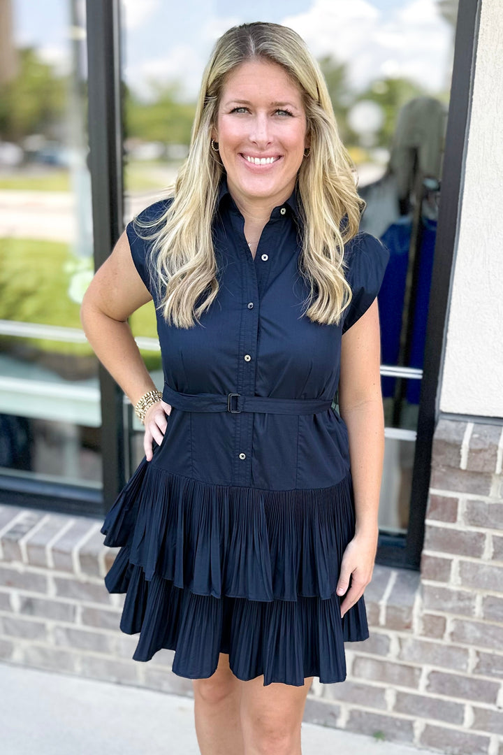 NAVY BELTED PLEATED TIERED DRESS