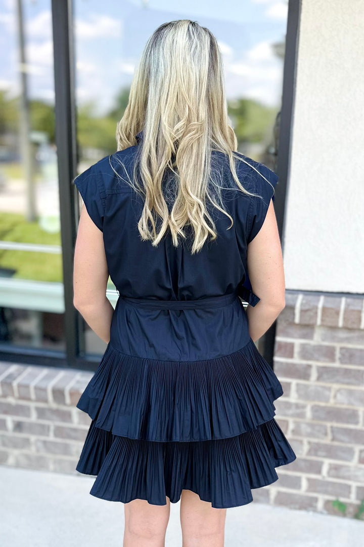 NAVY BELTED PLEATED TIERED DRESS