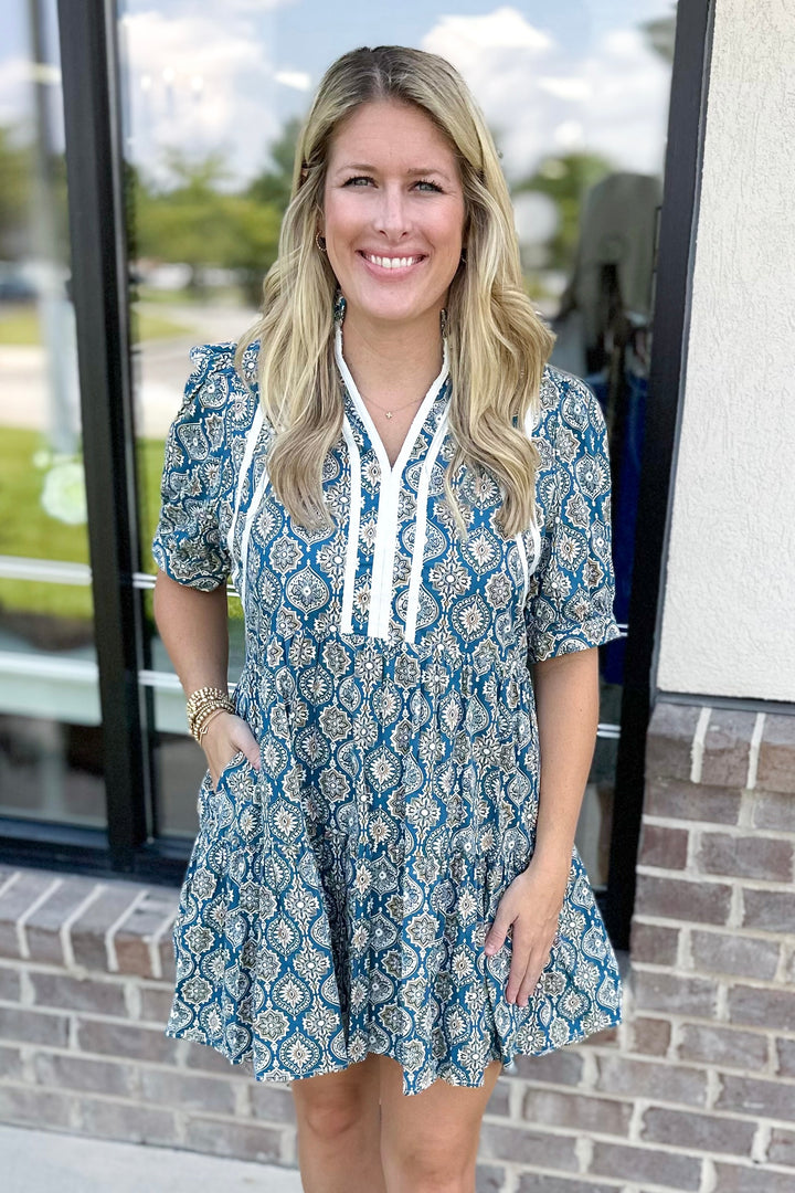 BLUE & YELLOW MEDALLION PRINT DRESS