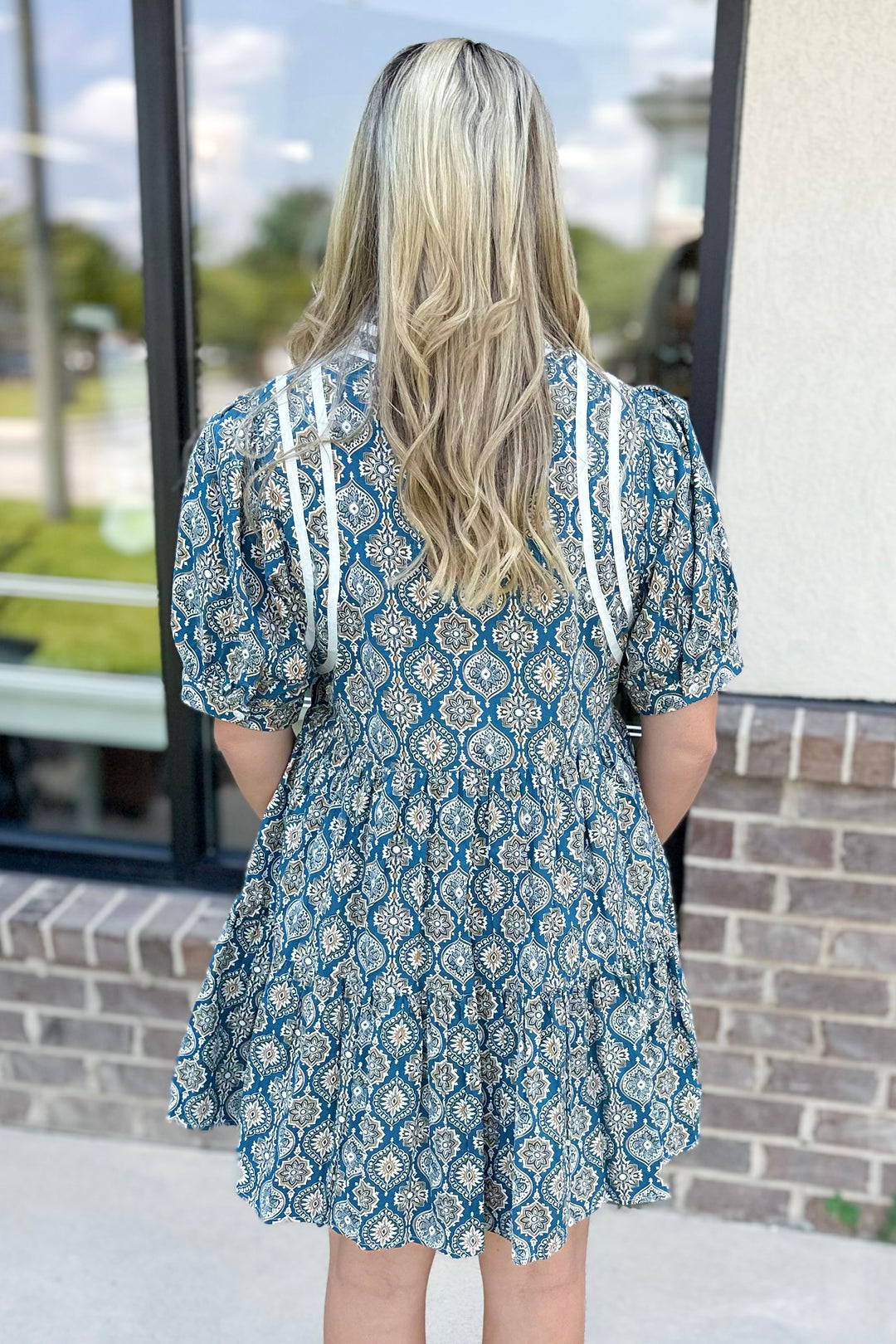 BLUE & YELLOW MEDALLION PRINT DRESS