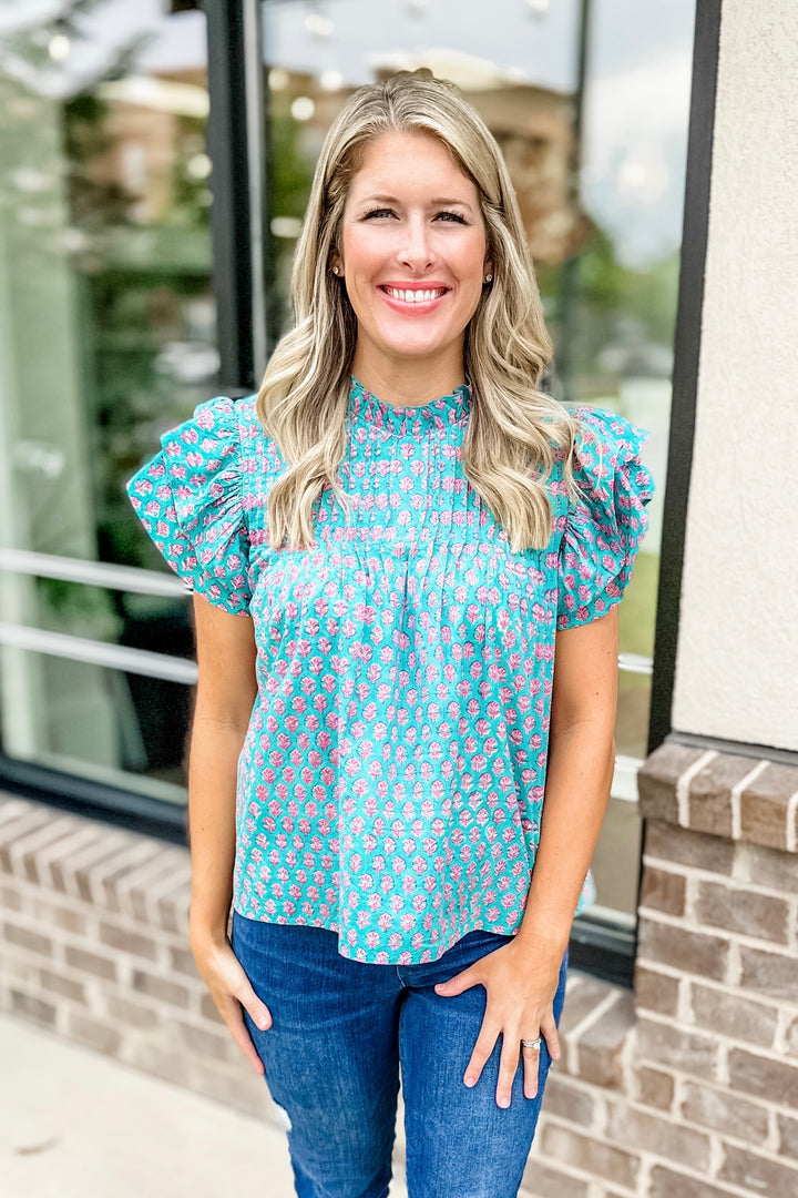 PINK & TEAL BLOCK PRINT PLEATED FLUTTER TOP