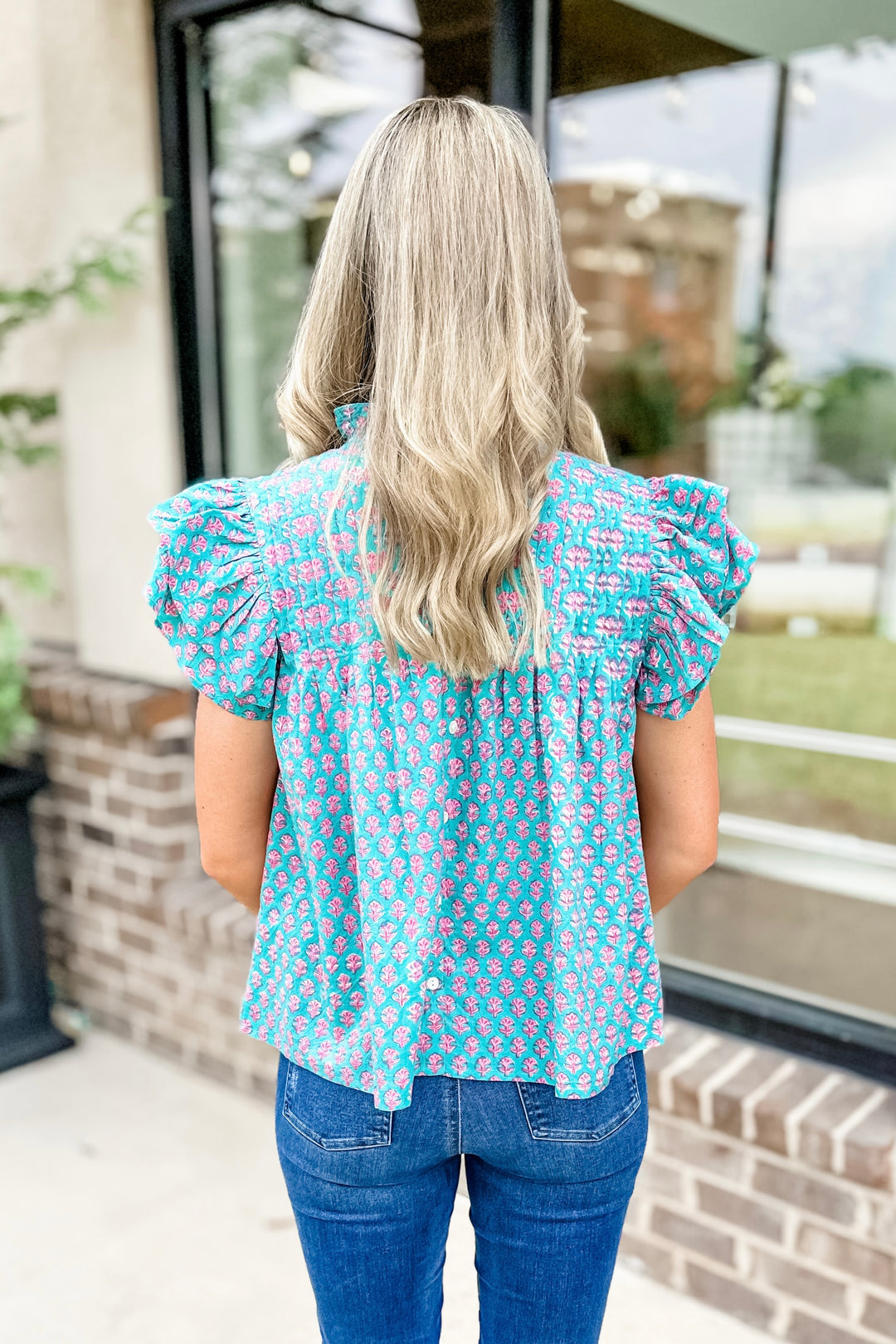 PINK & TEAL BLOCK PRINT PLEATED FLUTTER TOP