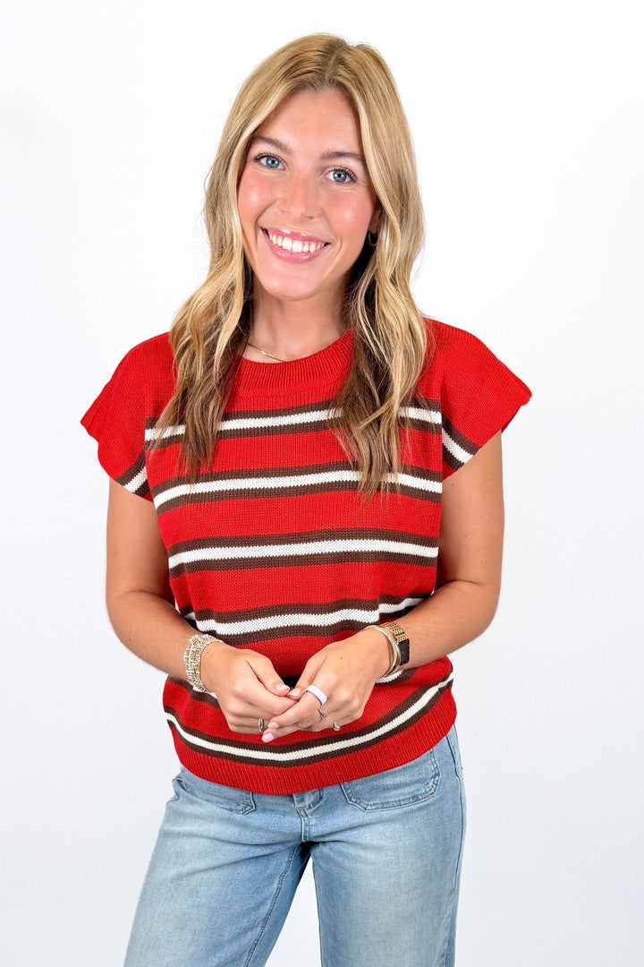 RED & BLACK STRIPE SLEEVELESS SWEATER