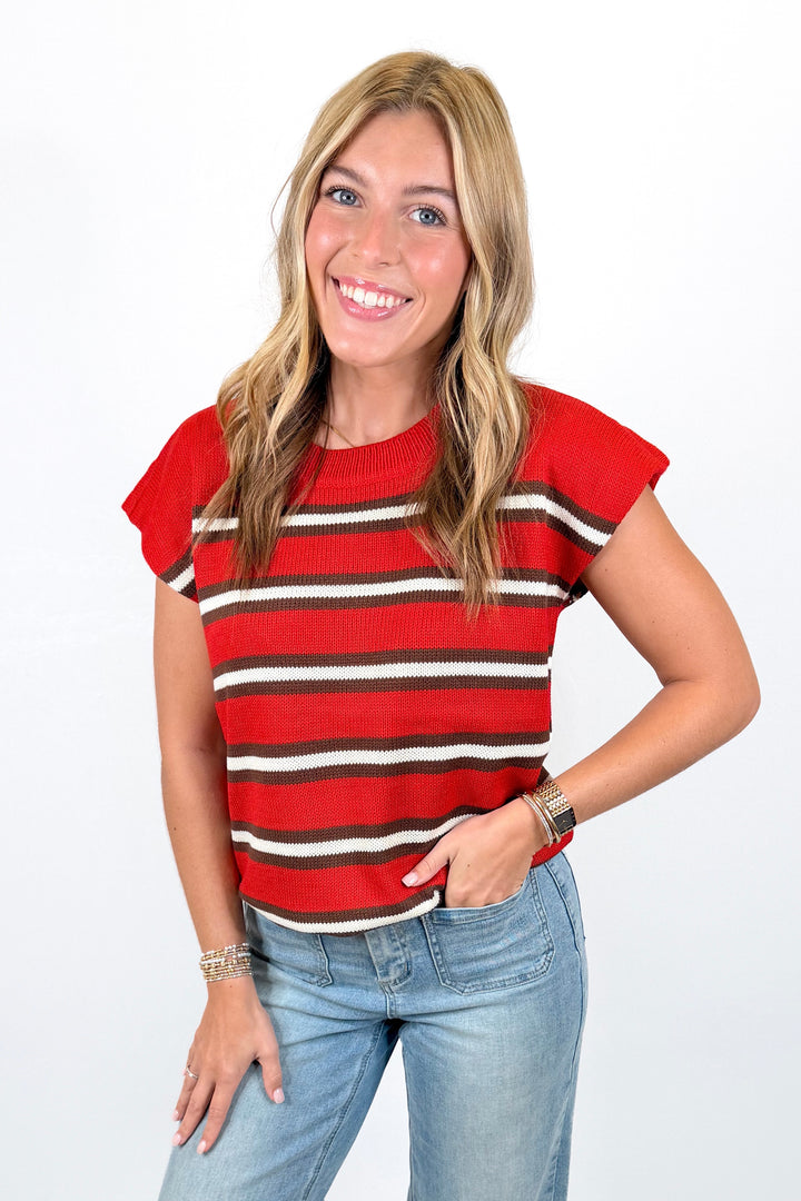 RED & BLACK STRIPE SLEEVELESS SWEATER