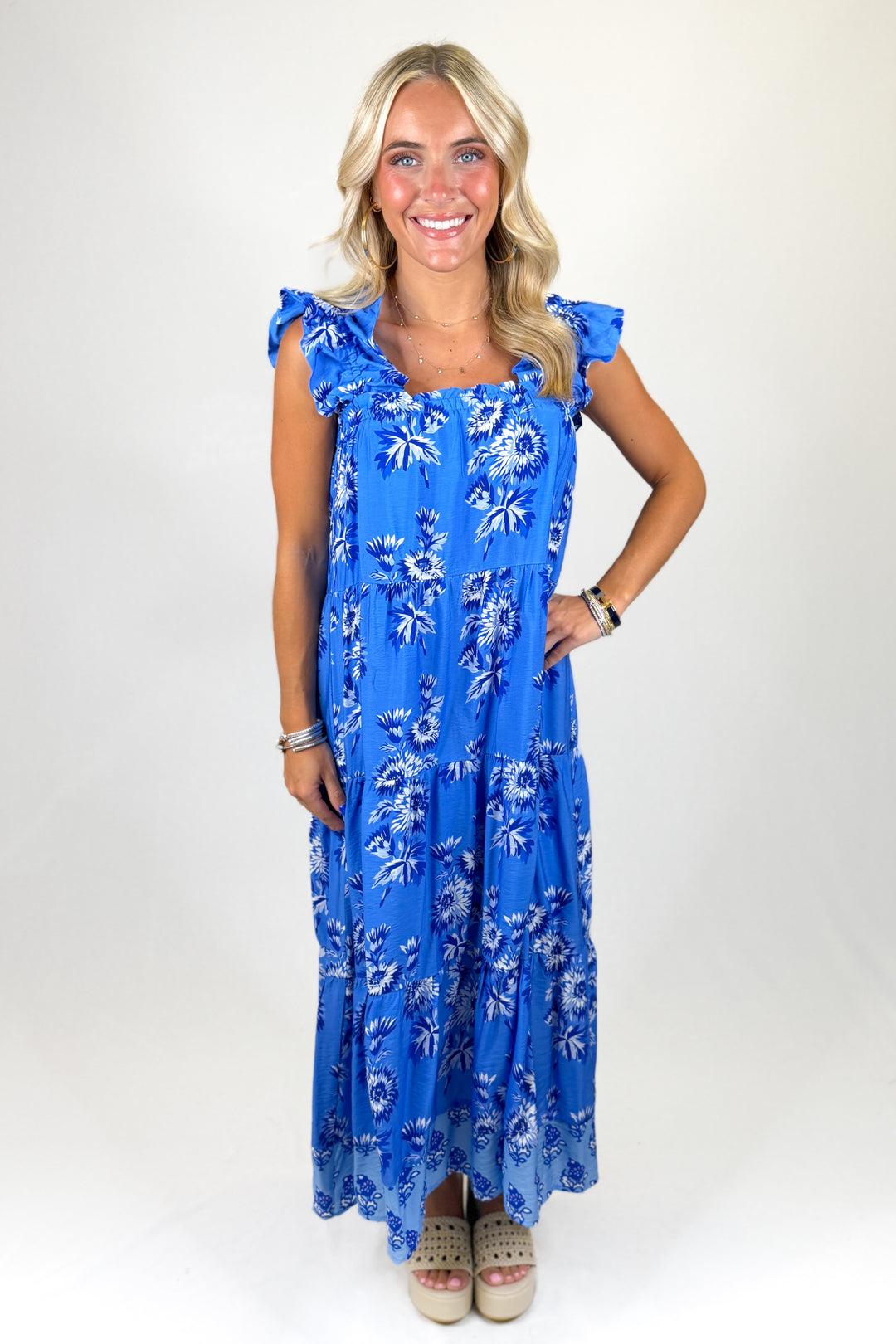 Women's royal blue midi dress with ruffled sleeves