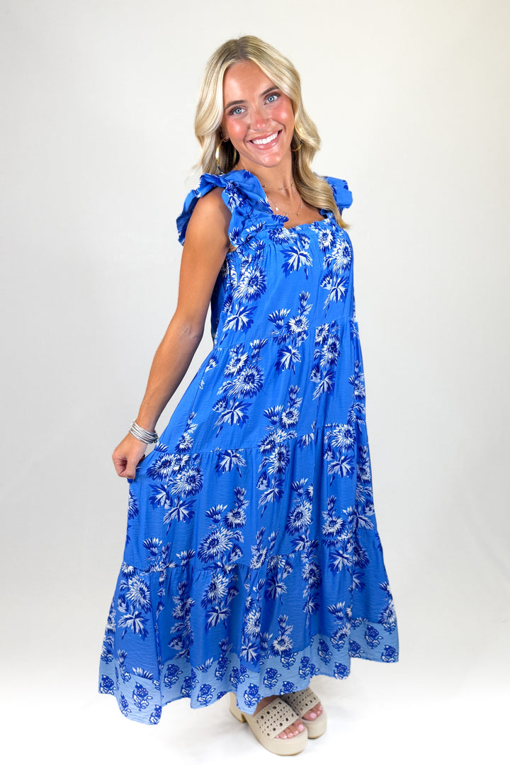 Women's royal blue midi dress with ruffled sleeves