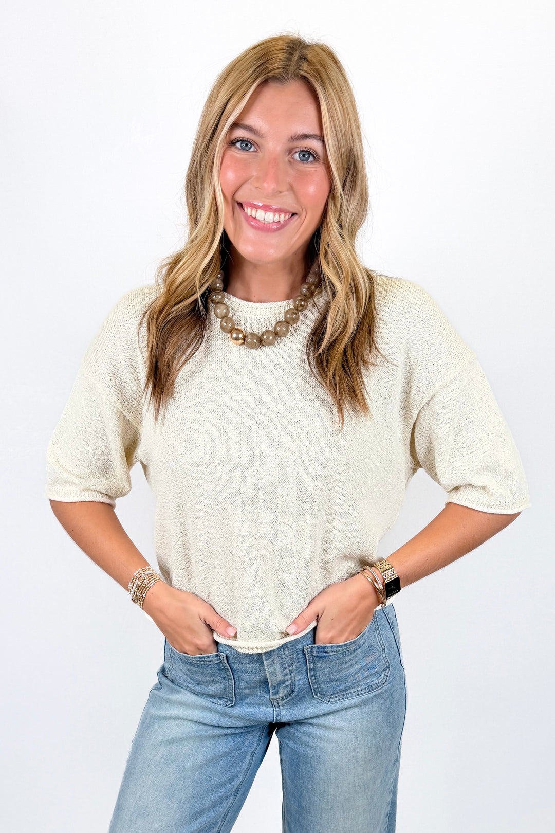 CREAM RAW EDGE BOXY SHORT SLEEVE KNIT SWEATER