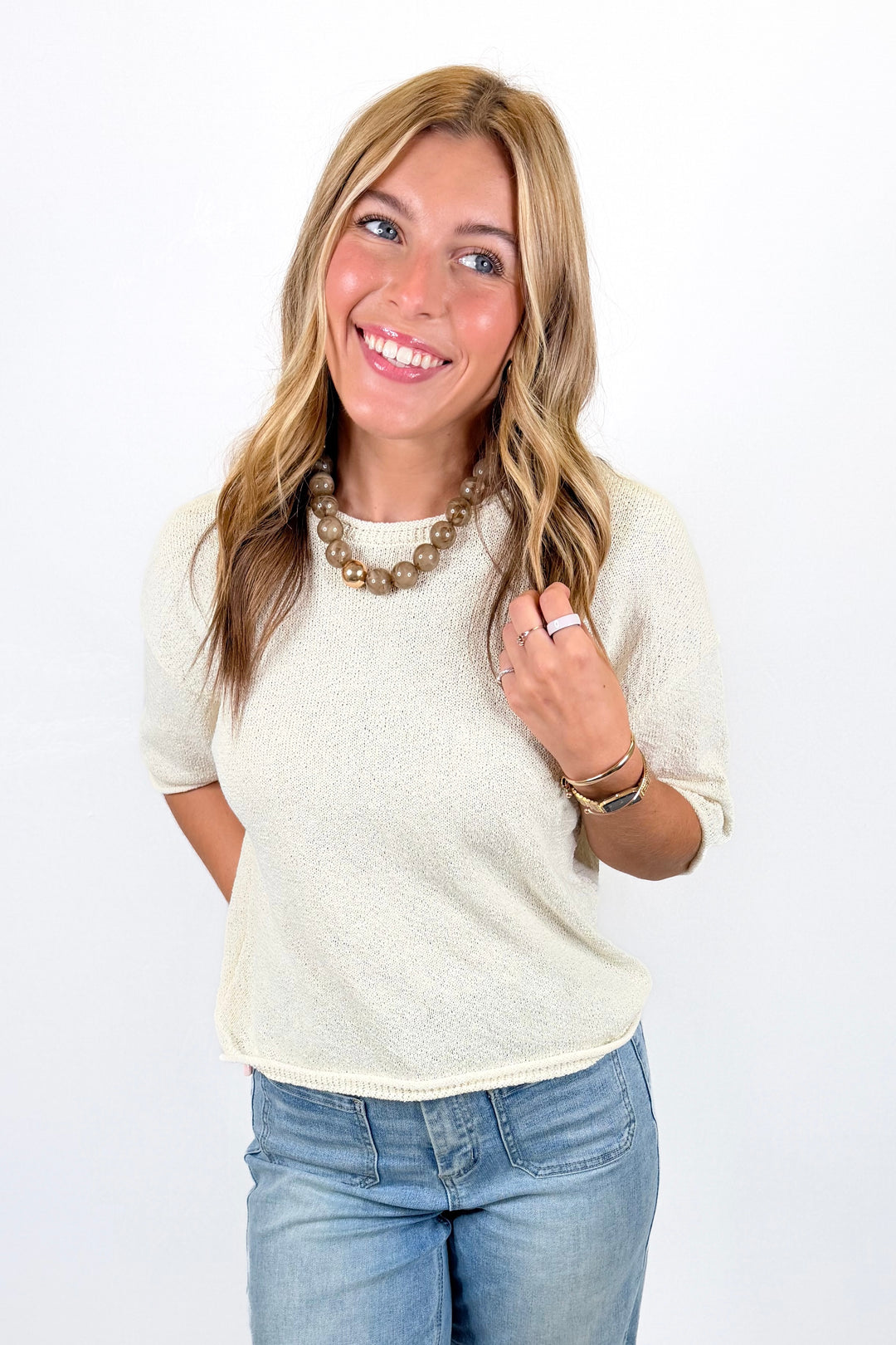 CREAM RAW EDGE BOXY SHORT SLEEVE KNIT SWEATER