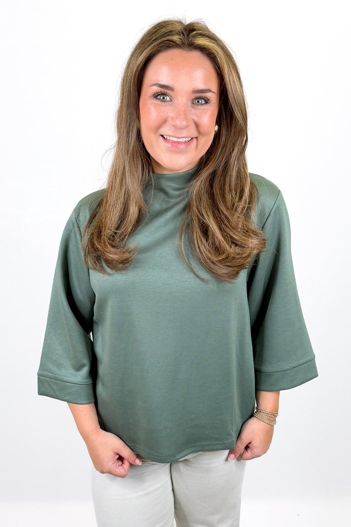 GREEN MOCK NECK 3/4 SLEEVE TOP