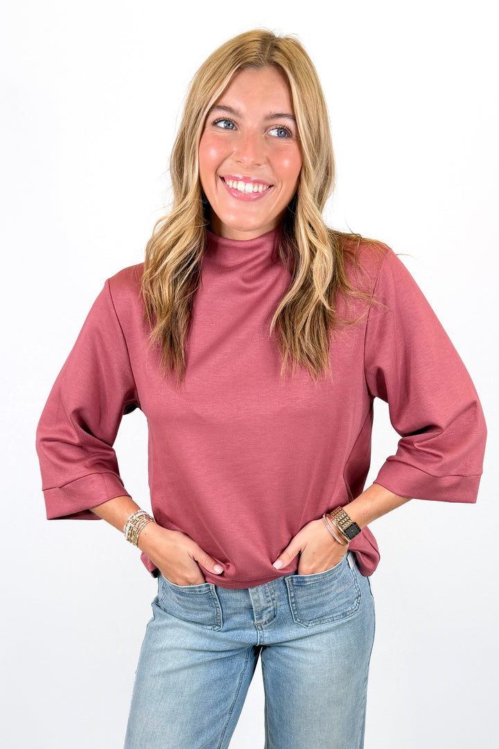 ROSE MOCK NECK 3/4 SLEEVE TOP