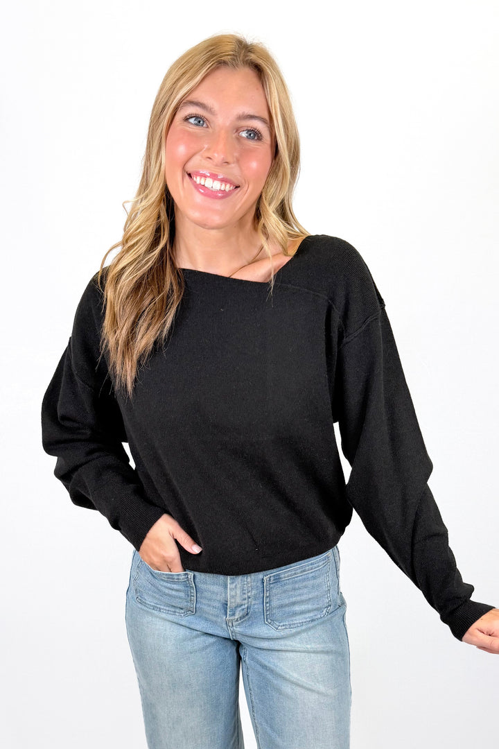 BLACK ANGLED NECK SWEATER