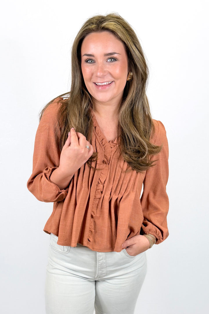 LIGHT TERRACOTTA 3/4 SLEEVE RUFFLE TRIM PINTUCK BLOUSE