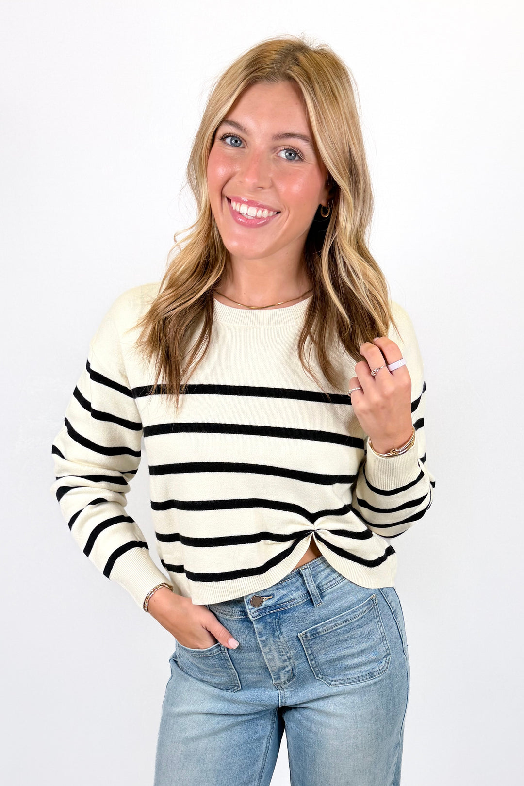 CREAM & BLACK STRIPE GATHERED SIDE SWEATER