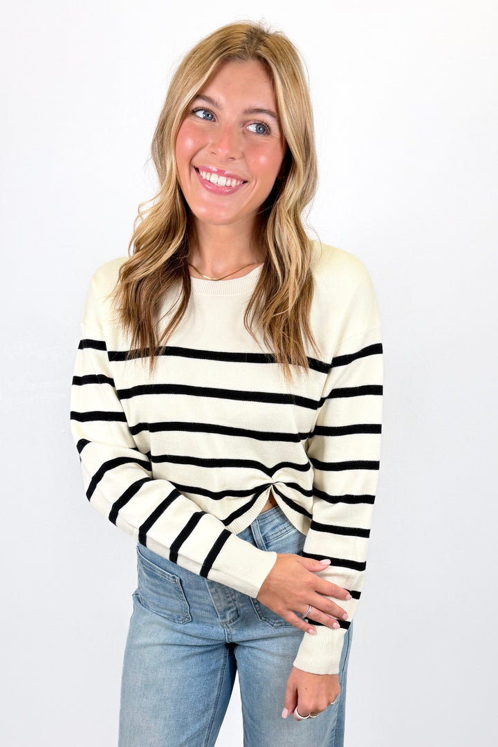 CREAM & BLACK STRIPE GATHERED SIDE SWEATER
