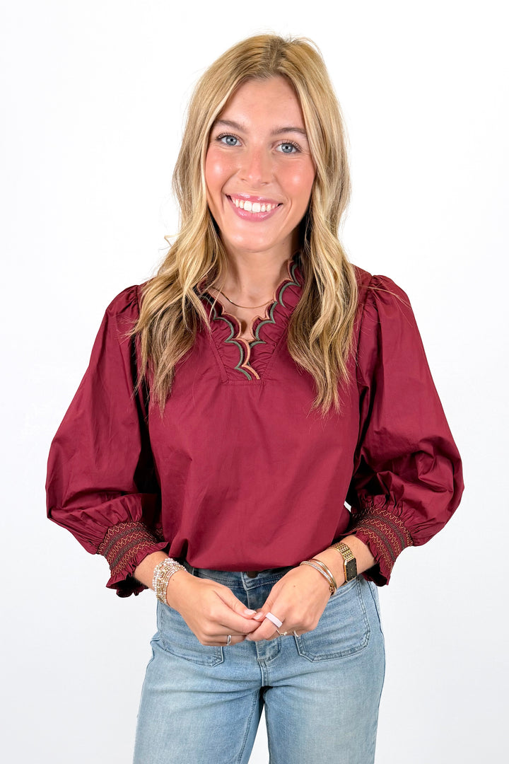 BURGUNDY SCALLOP VNECK LONG SLEEVE TOP