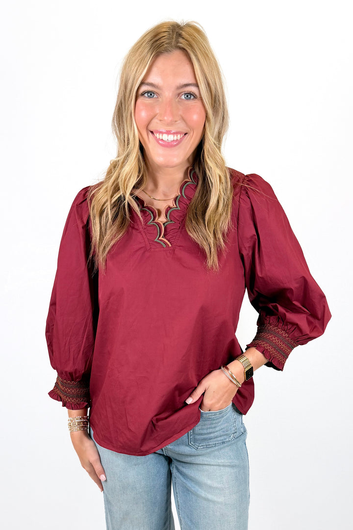 BURGUNDY SCALLOP VNECK LONG SLEEVE TOP