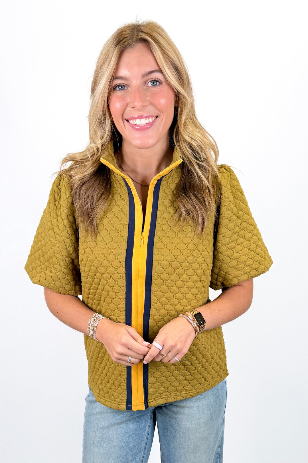 MUSTARD QUILTED CONTRAST STRIPE ZIP FRONT TOP