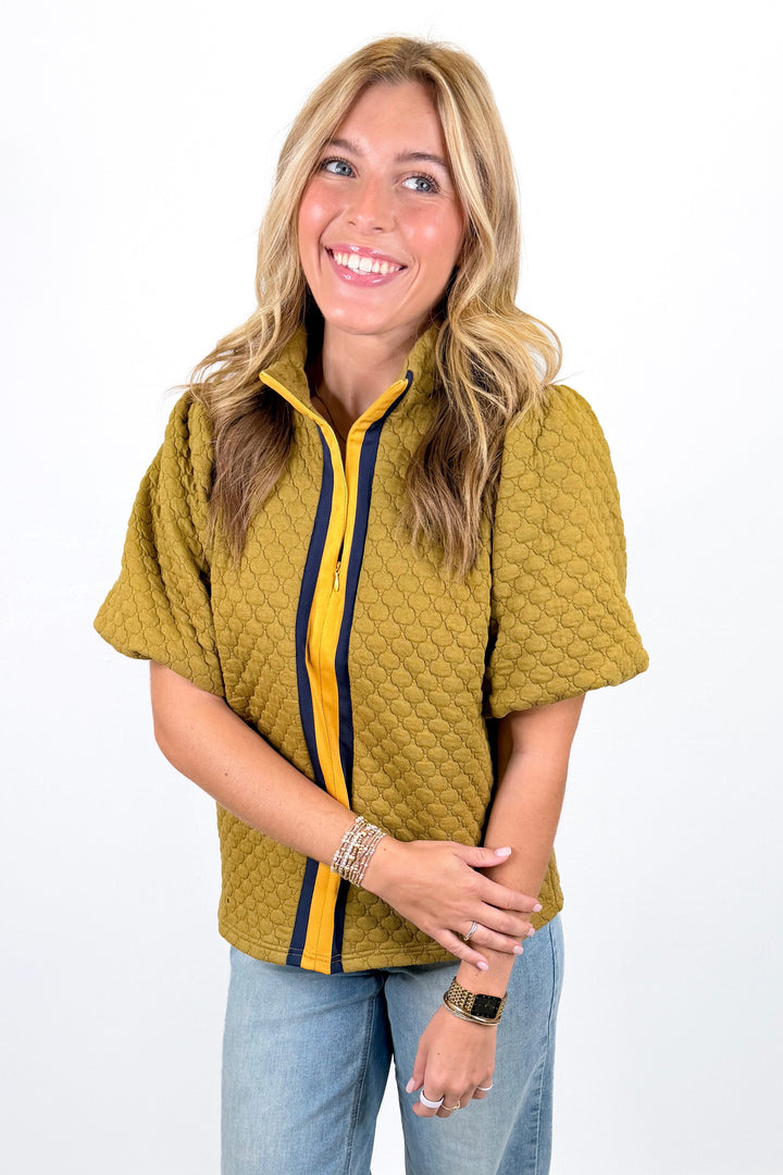 MUSTARD QUILTED CONTRAST STRIPE ZIP FRONT TOP