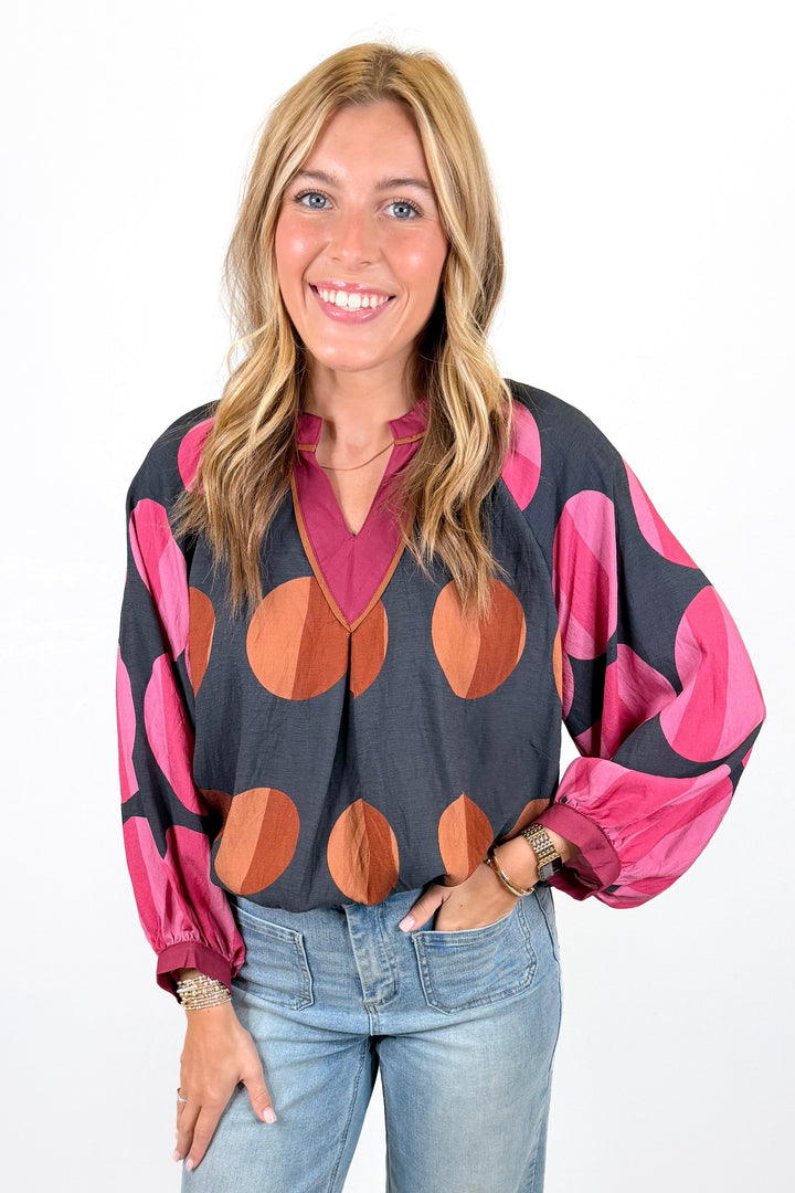PINK & ORANGE CIRCLE PRINT LONG SLEEVE TOP