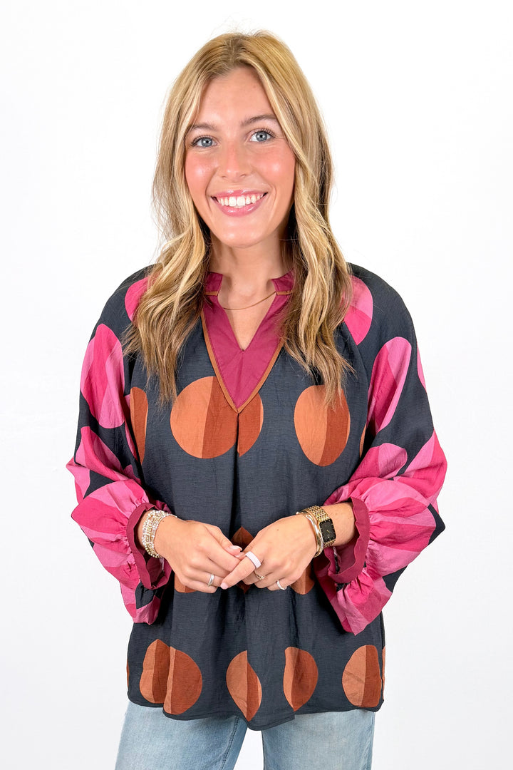 PINK & ORANGE CIRCLE PRINT LONG SLEEVE TOP