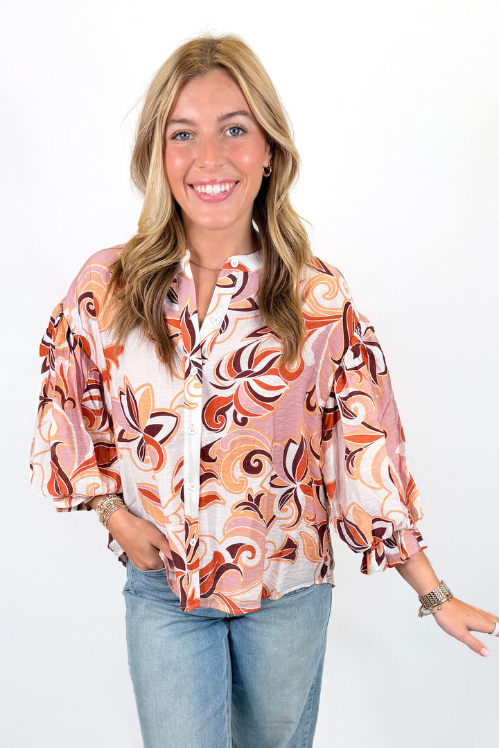 RUST & BROWN FLORAL PRINT BALLOON SLEEVE TOP