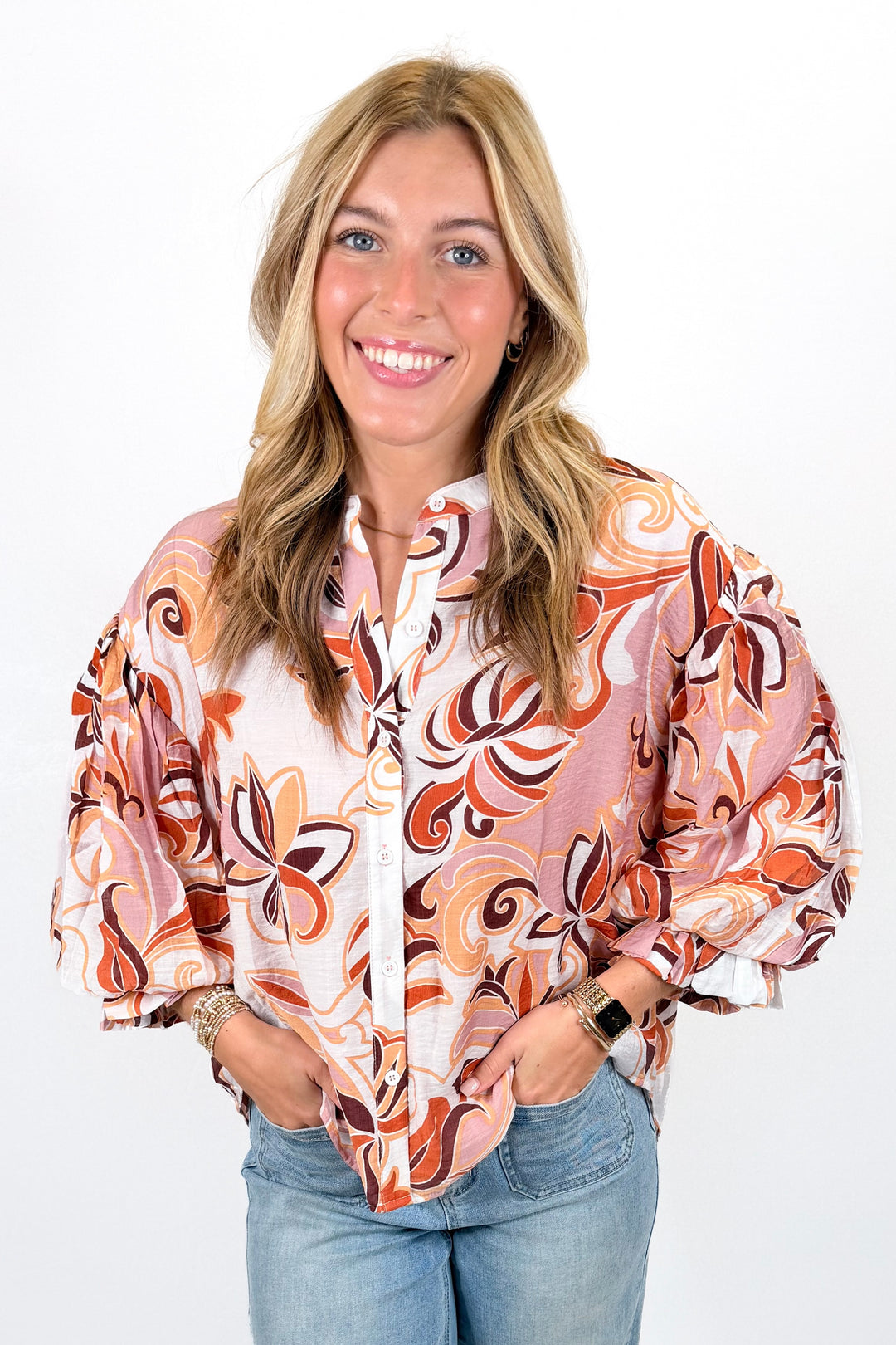 RUST & BROWN FLORAL PRINT BALLOON SLEEVE TOP