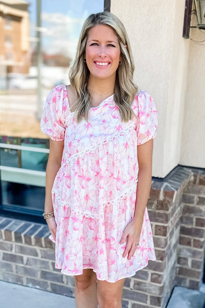 PINK FLORAL ASYMMETRICAL TIERED DRESS