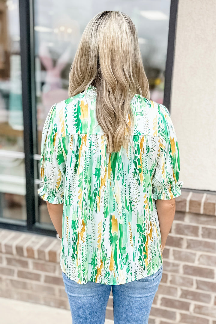 GREEN & YELLOW WATER COLOR SMOCKED CUFF TOP