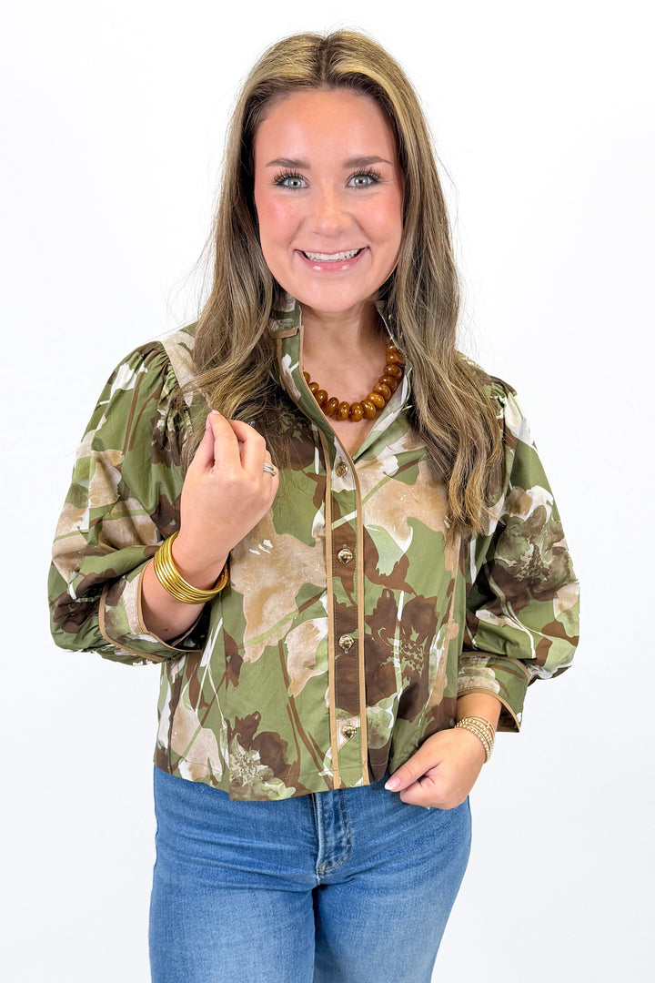 OLIVE FALL PRINT PIPING DETAIL BUTTON TOP