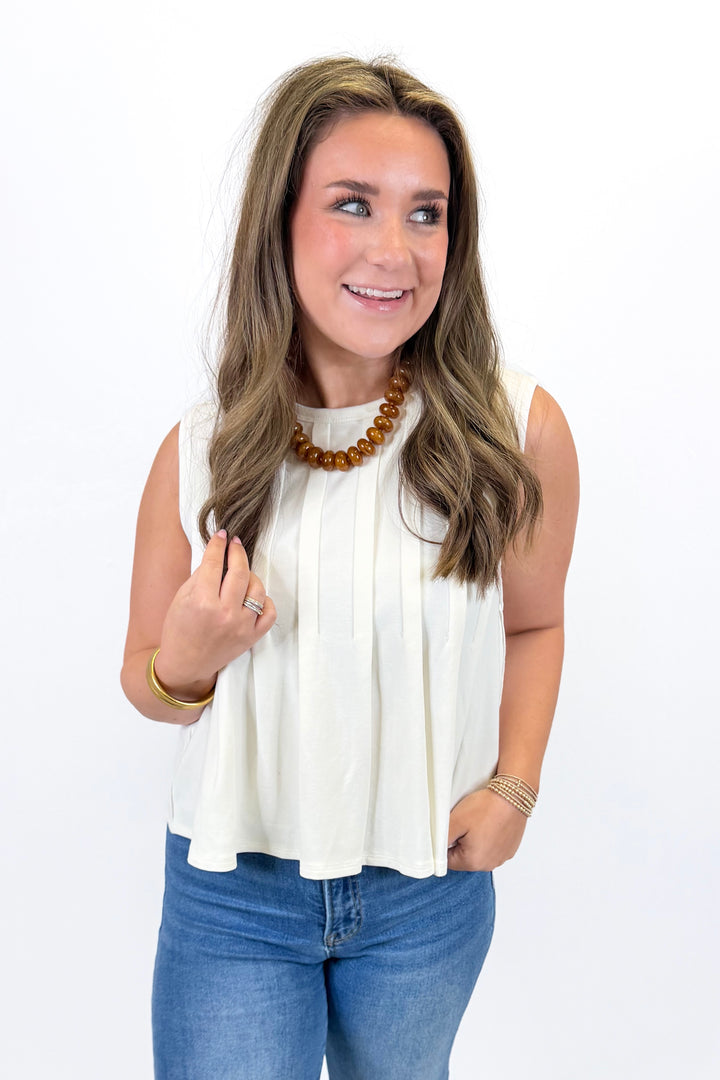 WHITE PLEATED TANK