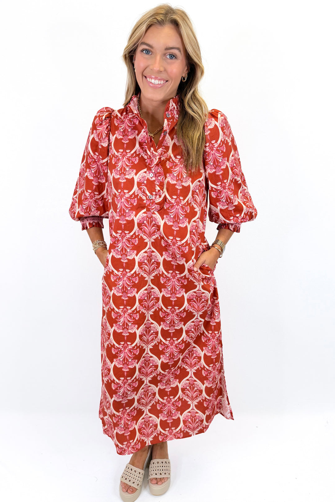 RUST PRINTED ELASTIC CUFF MIDI DRESS