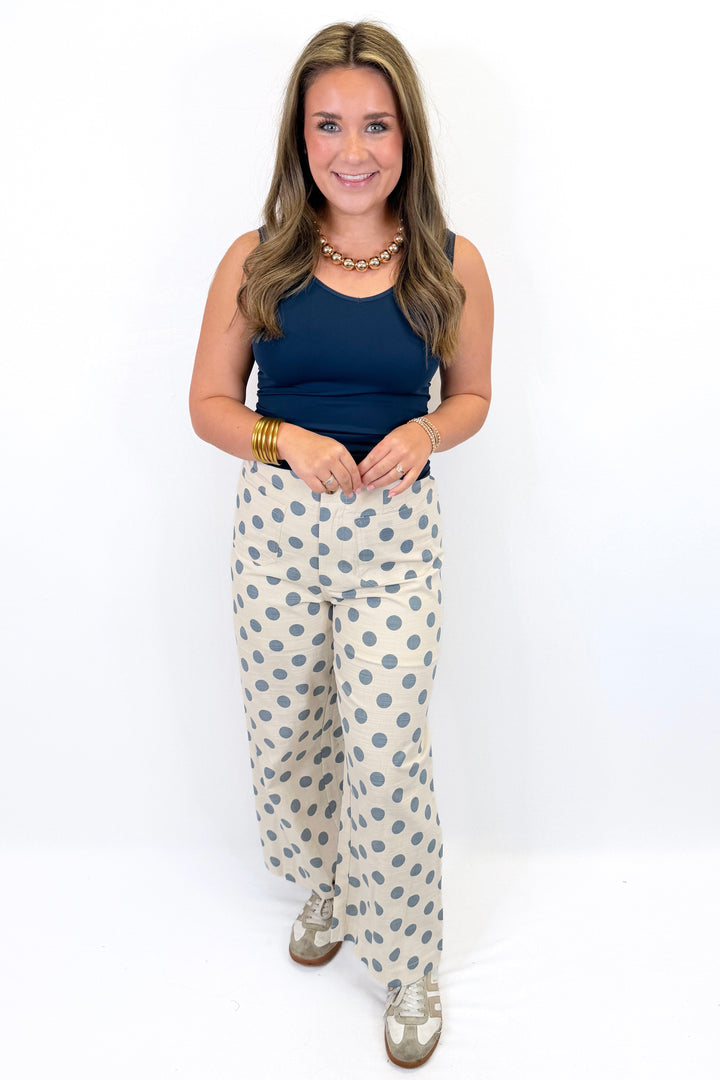 BLUE POLKA DOT WIDE LEG PANTS