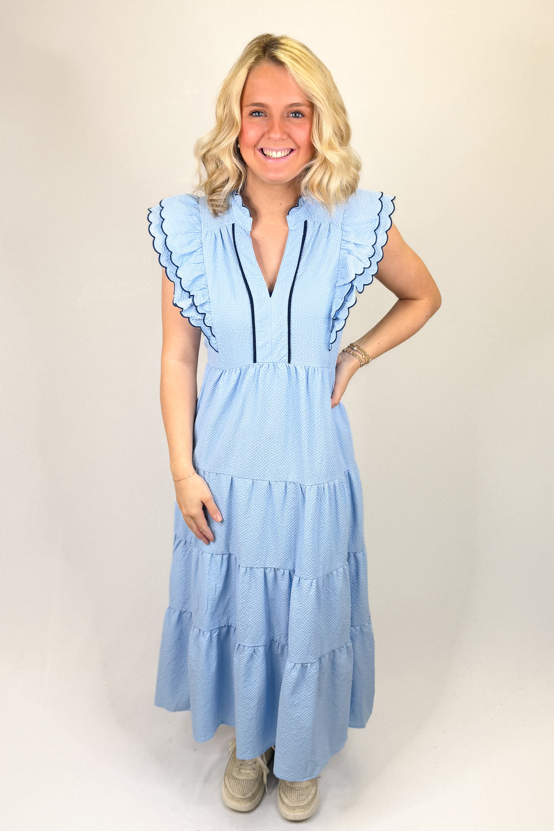BABY BLUE & NAVY SCALLOP TRIM MIDI DRESS Walker Boutique BABY BLUE & NAVY SCALLOP TRIM MIDI DRESS Walker Boutique
