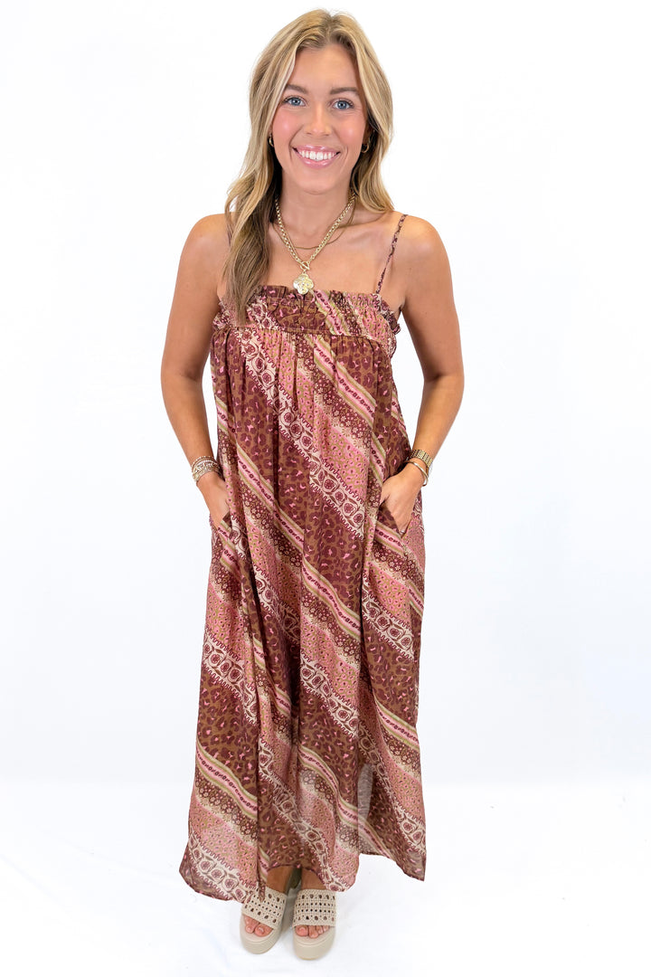MIXED MAUVE & OLIVE SLEEVELESS MAXI DRESS