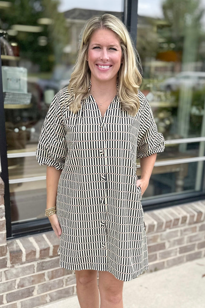 BLACK & CREAM STRIPE DOTTED BUTTON DRESS