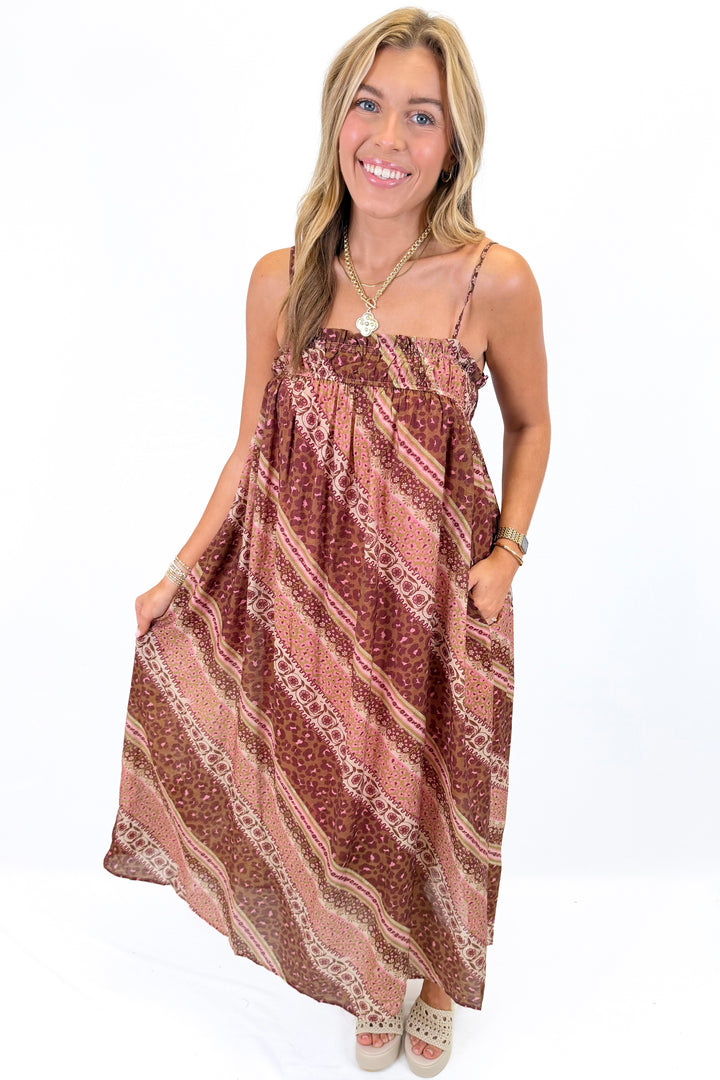 MIXED MAUVE & OLIVE SLEEVELESS MAXI DRESS