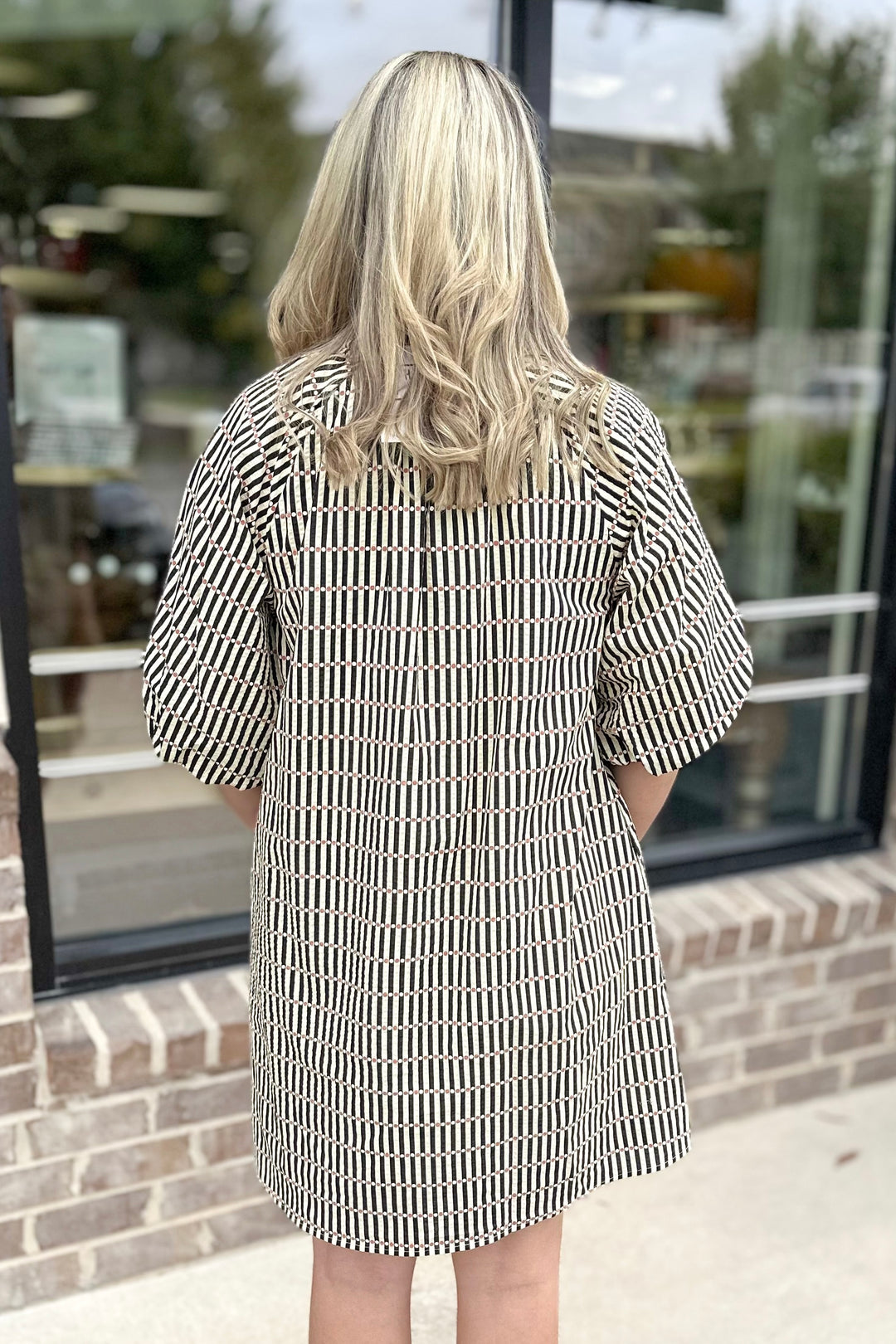 BLACK & CREAM STRIPE DOTTED BUTTON DRESS